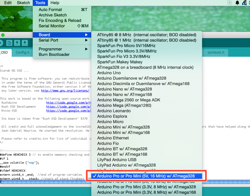 Arduino Board for MinimOSD