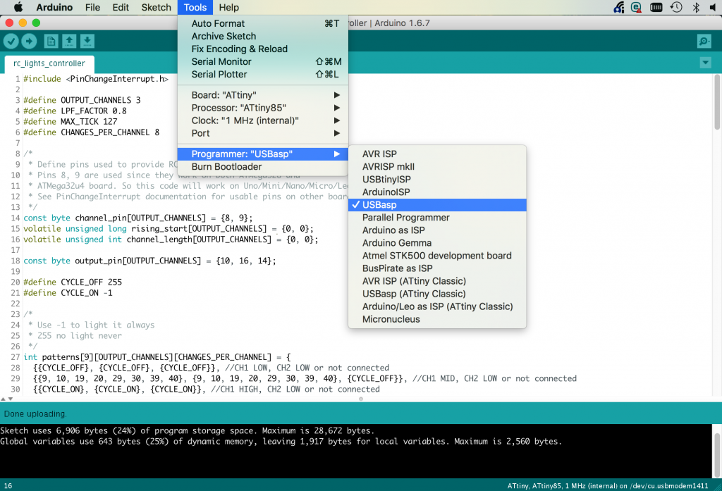 Programming ATTiny85 with Arduino IDE USBasp