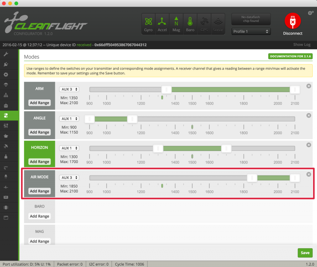 Beteflight AirMode AUX channel