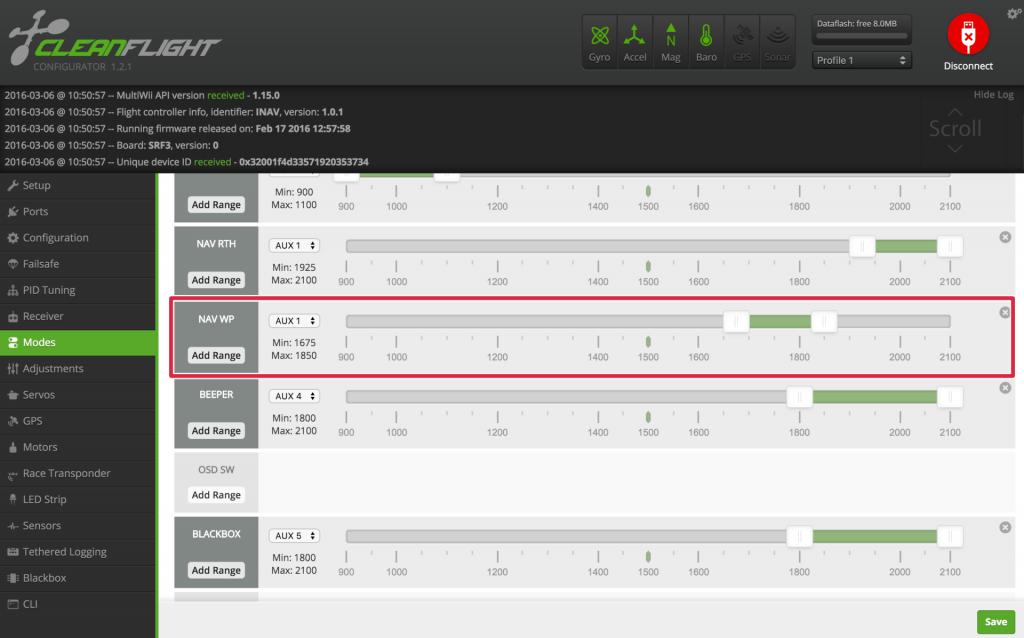 Configurator Waypoints flight mode