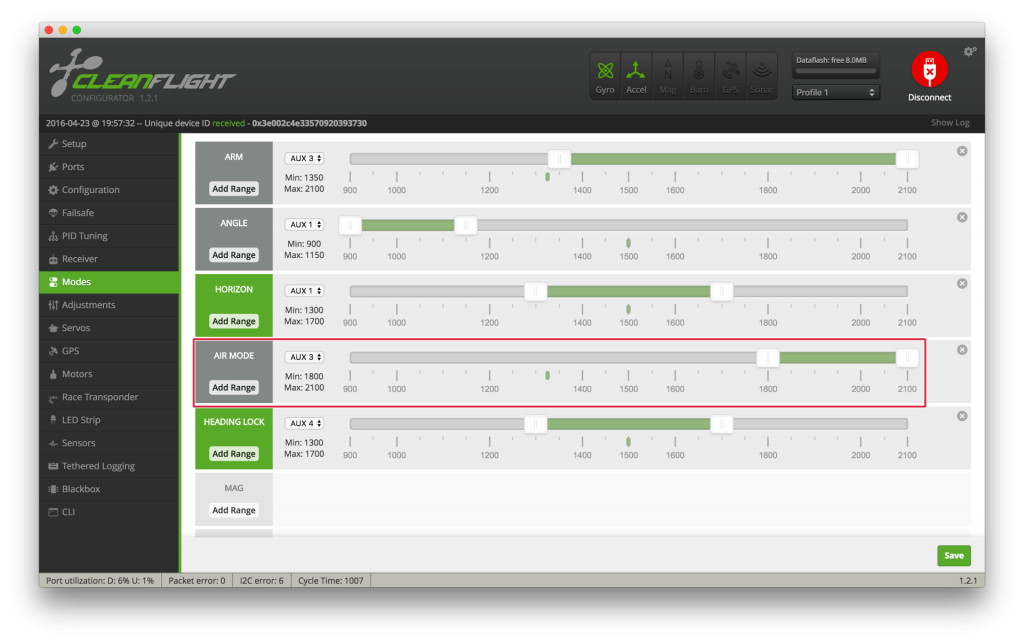 Flight modes configuration