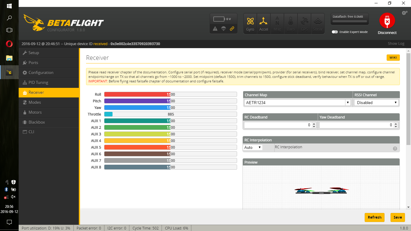betaflight Receiver tab