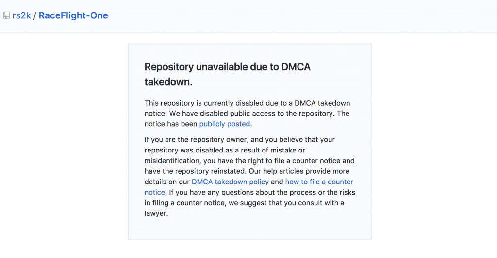 RaceFlight One DCMA takedown