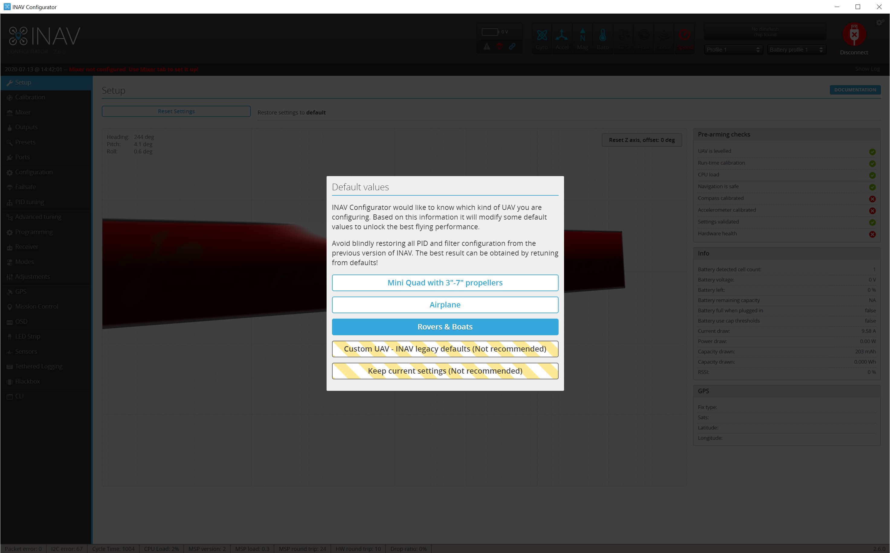INAV Rover Defaults Dialog
