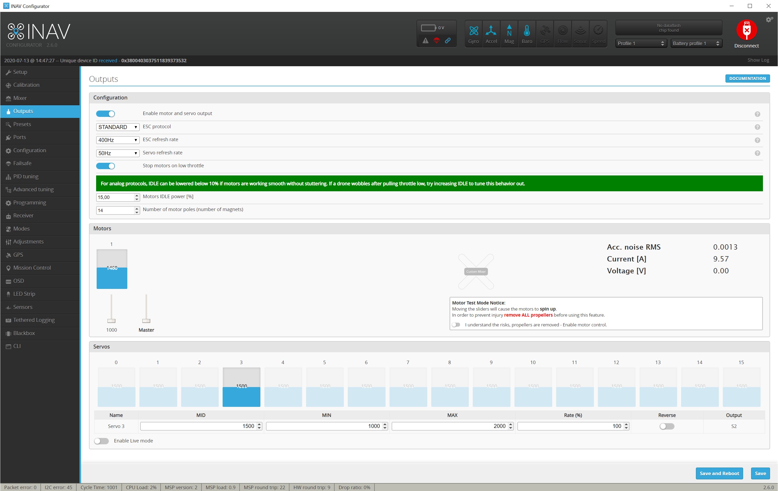 INAV Rover Outputs Tab